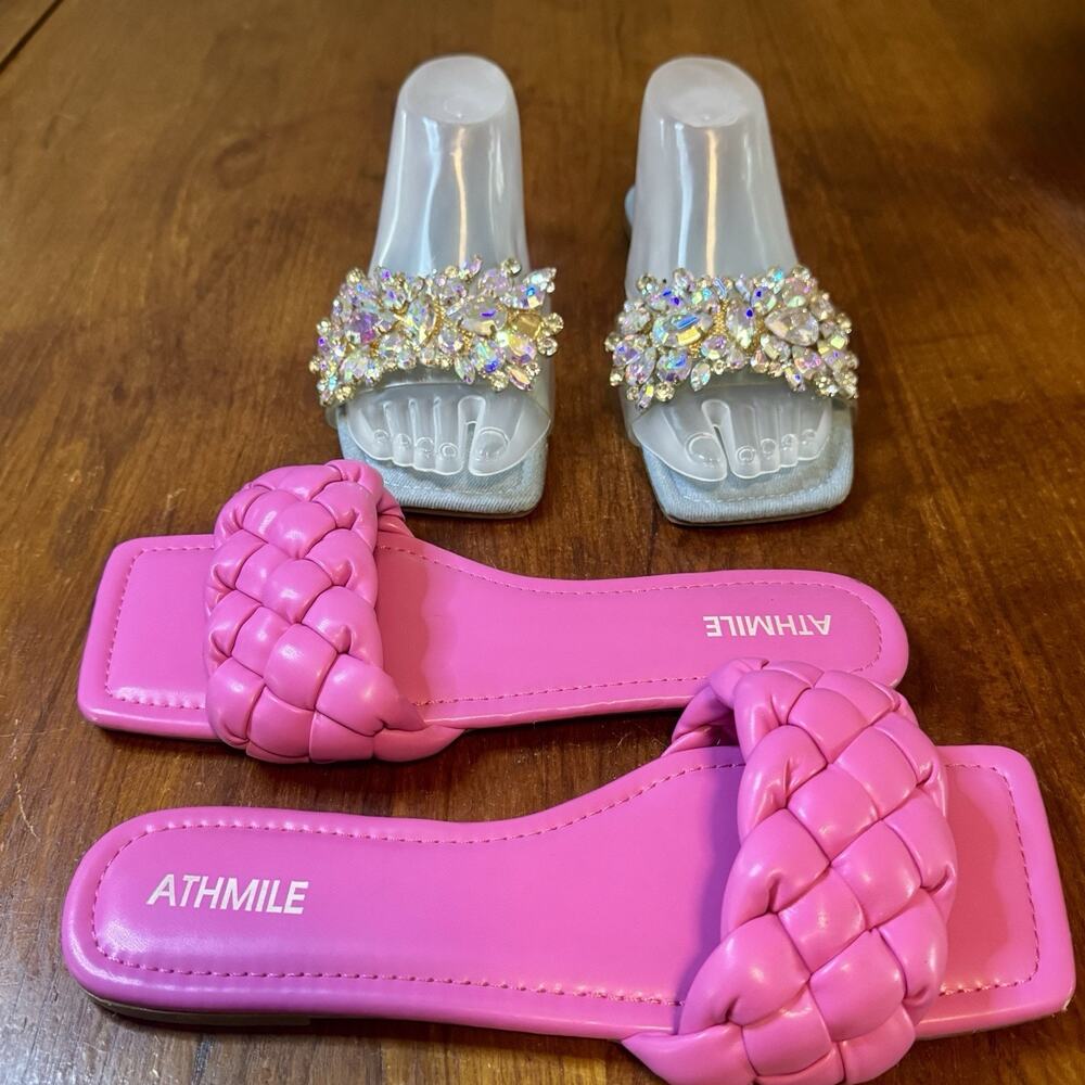 Athmile Pink Braided Slide Sandals Sz 10 + Rhinestone Clear Strap Slides